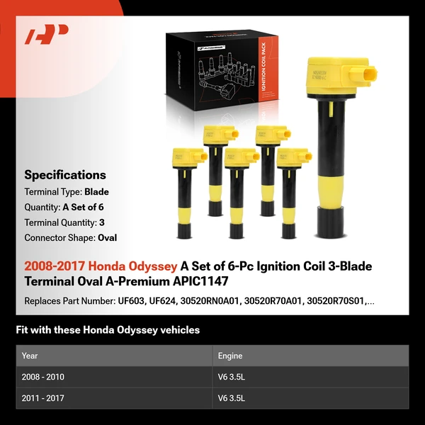 2008-2017 Honda Odyssey A Set of 6-Pc Ignition Coil 3-Blade Terminal Oval A-Premium APIC1147
