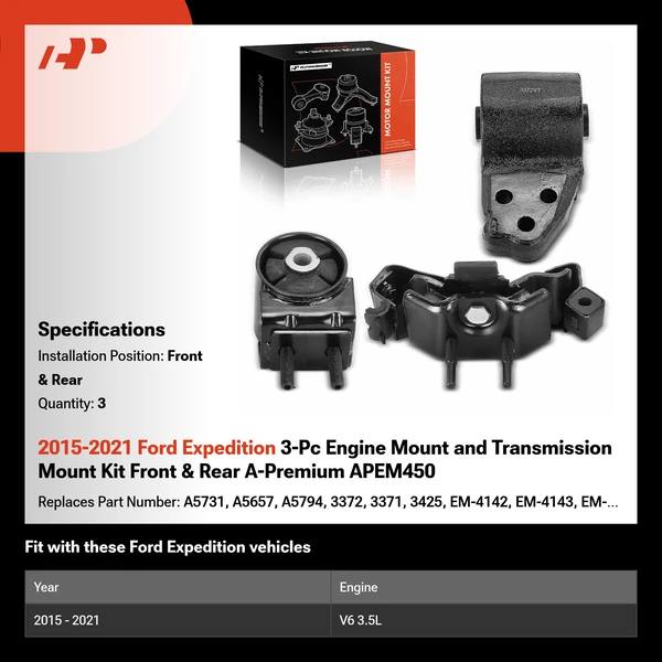 2015-2021 Ford Expedition 3-Pc Engine Mount and Transmission Mount Kit Front & Rear A-Premium APEM450
