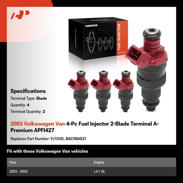 2003 Volkswagen Van 4-Pc Fuel Injector 2-Blade Terminal A-Premium APFI427