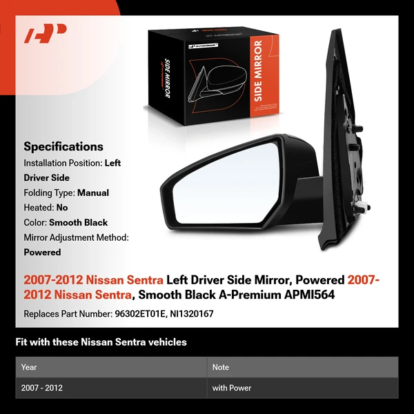 2007-2012 Nissan Sentra Left Driver Side Mirror, Powered 2007-2012 Nissan Sentra, Smooth Black A-Premium APMI564