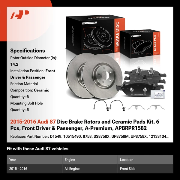 2015-2016 Audi S7 Disc Brake Rotors and Ceramic Pads Kit, 6 Pcs, Front Driver & Passenger, A-Premium, APBRPR1582