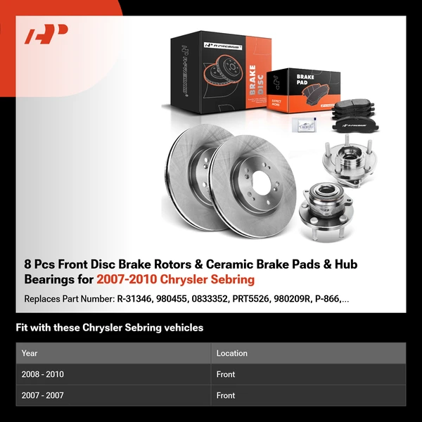 8 Pcs Front Disc Brake Rotors & Ceramic Brake Pads & Hub Bearings for 2007-2010 Chrysler Sebring
