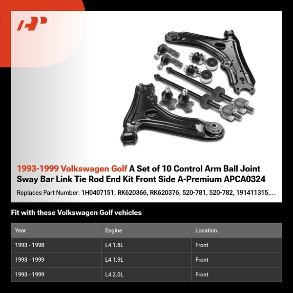 1993-1999 Volkswagen Golf A Set of 10 Control Arm Ball Joint Sway Bar Link Tie Rod End Kit Front Side A-Premium APCA0324