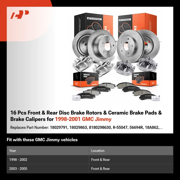 16 Pcs Front & Rear Disc Brake Rotors & Ceramic Brake Pads & Brake Calipers for 1998-2001 GMC Jimmy