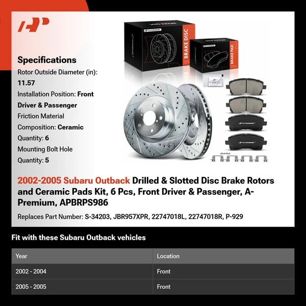 2002-2005 Subaru Outback Drilled & Slotted Disc Brake Rotors and Ceramic Pads Kit, 6 Pcs, Front Driver & Passenger, A-Premium, APBRPS986