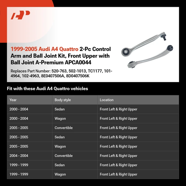 1999-2005 Audi A4 Quattro 2-Pc Control Arm and Ball Joint Kit, Front Upper with Ball Joint A-Premium APCA0044