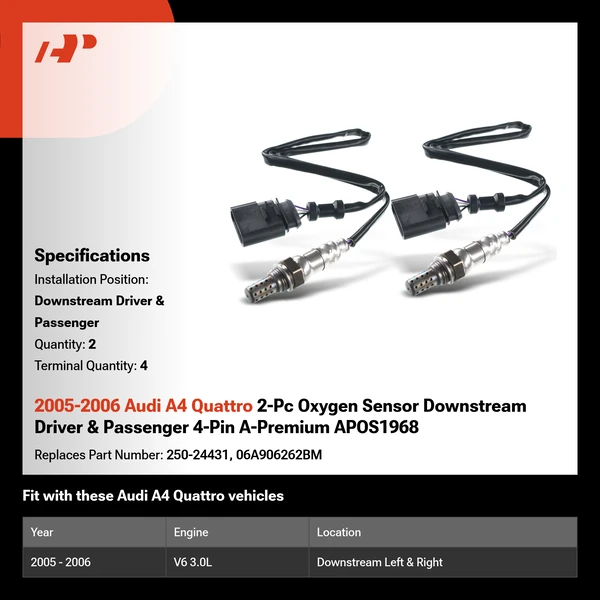 2005-2006 Audi A4 Quattro 2-Pc Oxygen Sensor Downstream Driver & Passenger 4-Pin A-Premium APOS1968
