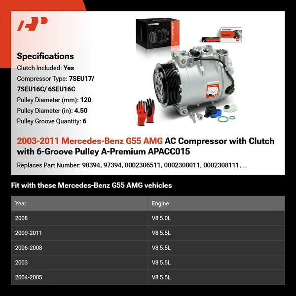 2003-2011 Mercedes-Benz G55 AMG AC Compressor with Clutch with 6-Groove Pulley A-Premium APACC015