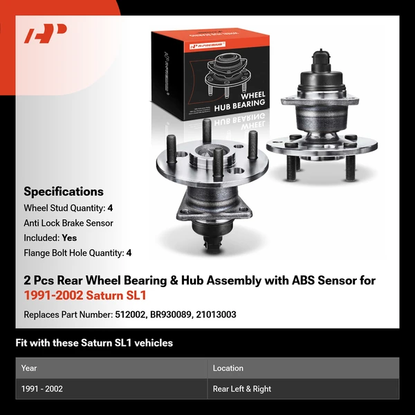 2 Pcs Rear Wheel Bearing & Hub Assembly with ABS Sensor for 1991-2002 Saturn SL1