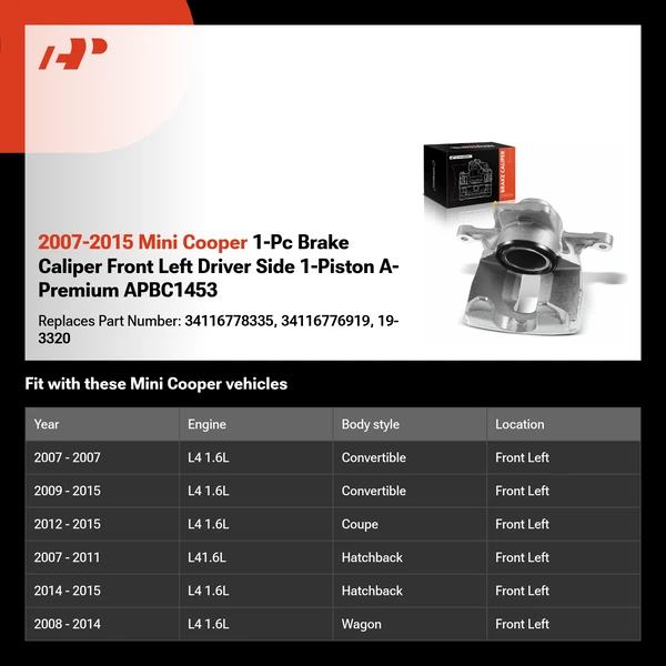 2007-2015 Mini Cooper 1-Pc Brake Caliper Front Left Driver Side 1-Piston A-Premium APBC1453