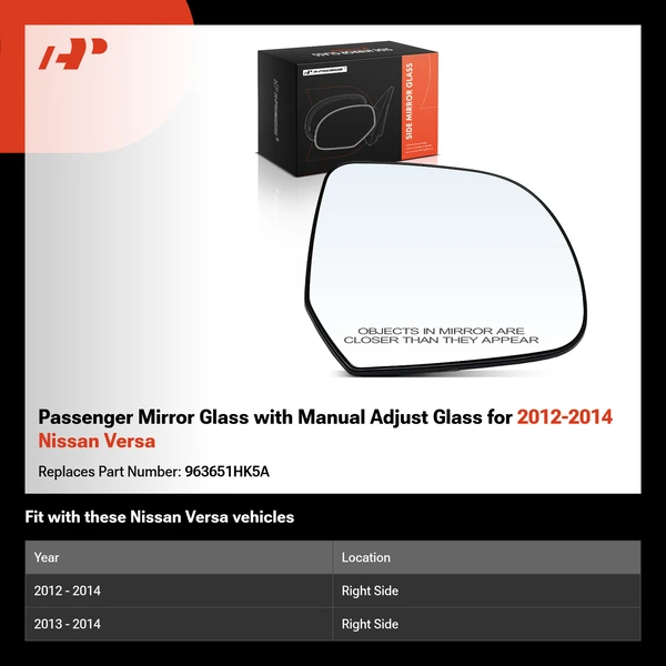 Passenger Mirror Glass with Manual Adjust Glass for 2012-2014 Nissan Versa