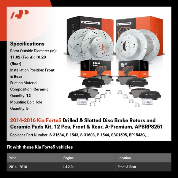 2014-2016 Kia Forte5 Drilled & Slotted Disc Brake Rotors and Ceramic Pads Kit, 12 Pcs, Front & Rear, A-Premium, APBRPS251
