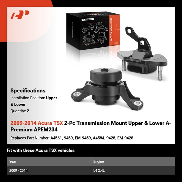 2009-2014 Acura TSX 2-Pc Transmission Mount Upper & Lower A-Premium APEM234