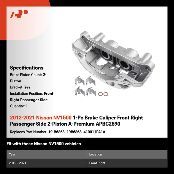 2012-2021 Nissan NV1500 1-Pc Brake Caliper Front Right Passenger Side 2-Piston A-Premium APBC2690
