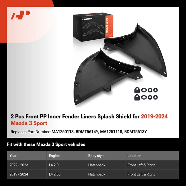 2 Pcs Front PP Inner Fender Liners Splash Shield for 2019-2024 Mazda 3 Sport