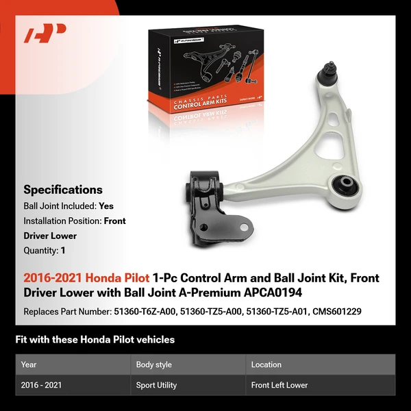 2016-2021 Honda Pilot 1-Pc Control Arm and Ball Joint Kit, Front Driver Lower with Ball Joint A-Premium APCA0194
