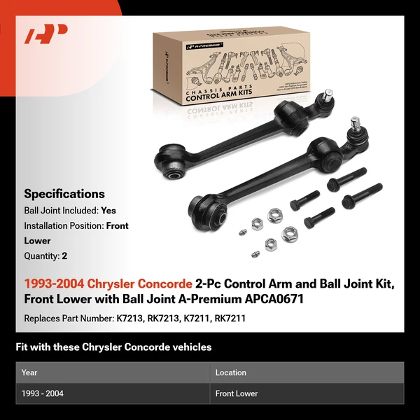 1993-2004 Chrysler Concorde 2-Pc Control Arm and Ball Joint Kit, Front Lower with Ball Joint A-Premium APCA0671