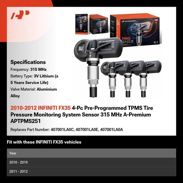 2010-2012 INFINITI FX35 4-Pc Pre-Programmed TPMS Tire Pressure Monitoring System Sensor 315 MHz A-Premium APTPMS251