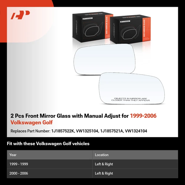 2 Pcs Front Mirror Glass with Manual Adjust for 1999-2006 Volkswagen Golf