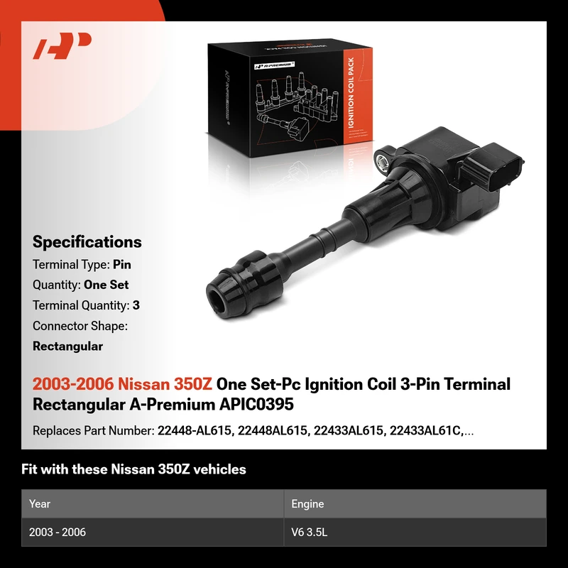 2003-2006 Nissan 350Z One Set-Pc Ignition Coil 3-Pin Terminal Rectangular A-Premium APIC0395