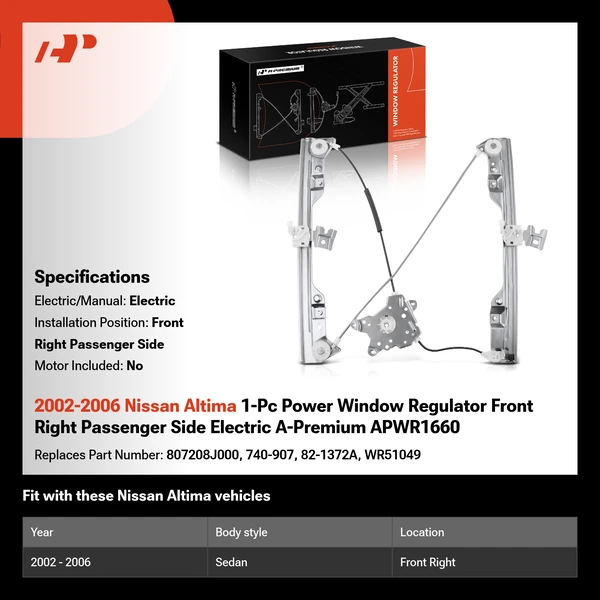 2002-2006 Nissan Altima 1-Pc Power Window Regulator Front Right Passenger Side Electric A-Premium APWR1660