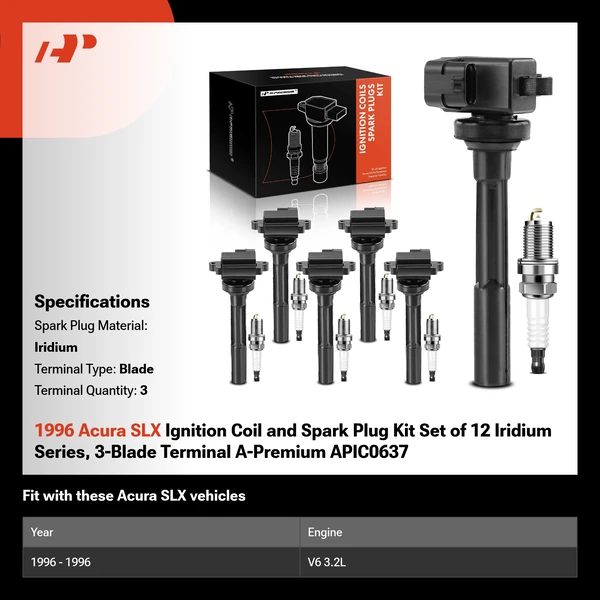 1996 Acura SLX Ignition Coil and Spark Plug Kit Set of 12 Iridium Series, 3-Blade Terminal A-Premium APIC0637