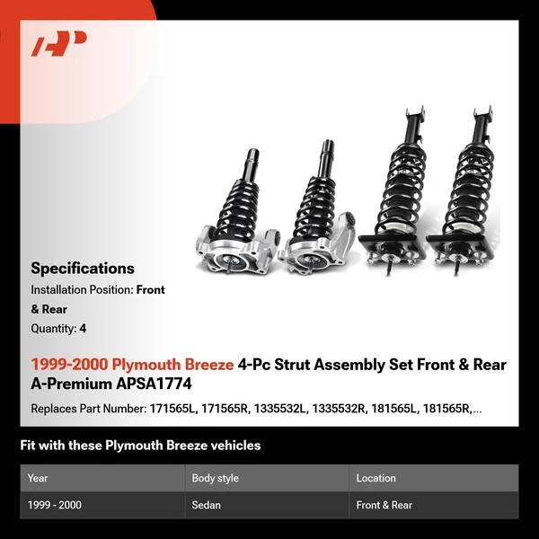 1999-2000 Plymouth Breeze 4-Pc Strut Assembly Set Front & Rear A-Premium APSA1774