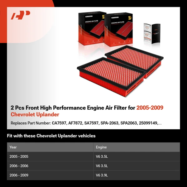 2 Pcs Front High Performance Engine Air Filter for 2005-2009 Chevrolet Uplander