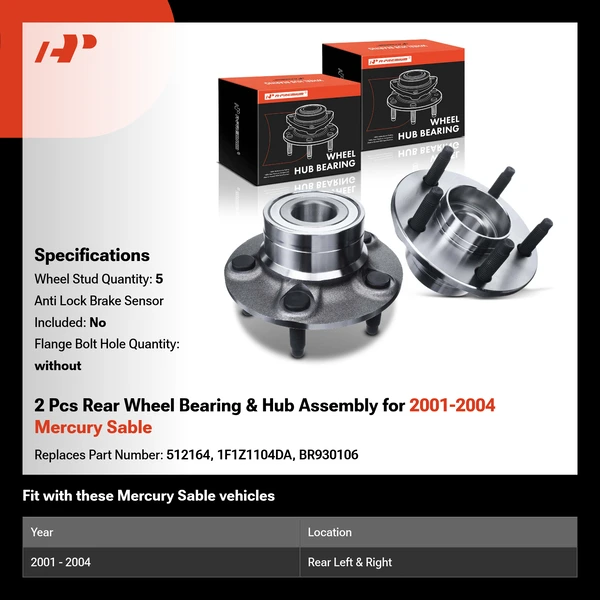 2 Pcs Rear Wheel Bearing & Hub Assembly for 2001-2004 Mercury Sable