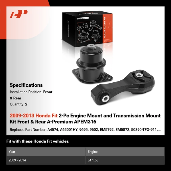 2009-2013 Honda Fit 2-Pc Engine Mount and Transmission Mount Kit Front & Rear A-Premium APEM316