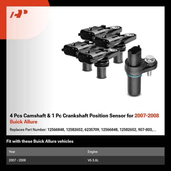 4 Pcs Camshaft & 1 Pc Crankshaft Position Sensor for 2007-2008 Buick Allure