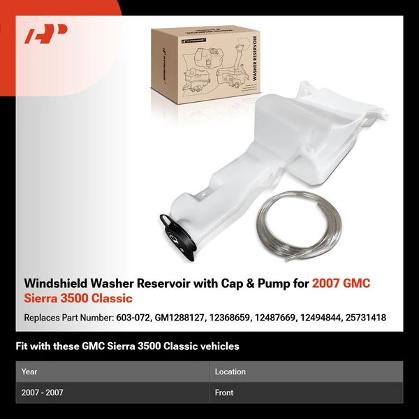 Windshield Washer Reservoir with Cap & Pump for 2007 GMC Sierra 3500 Classic