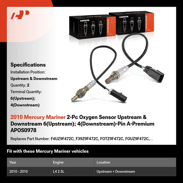 2010 Mercury Mariner 2-Pc Oxygen Sensor Upstream & Downstream 6(Upstream); 4(Downstream)-Pin A-Premium APOS0978