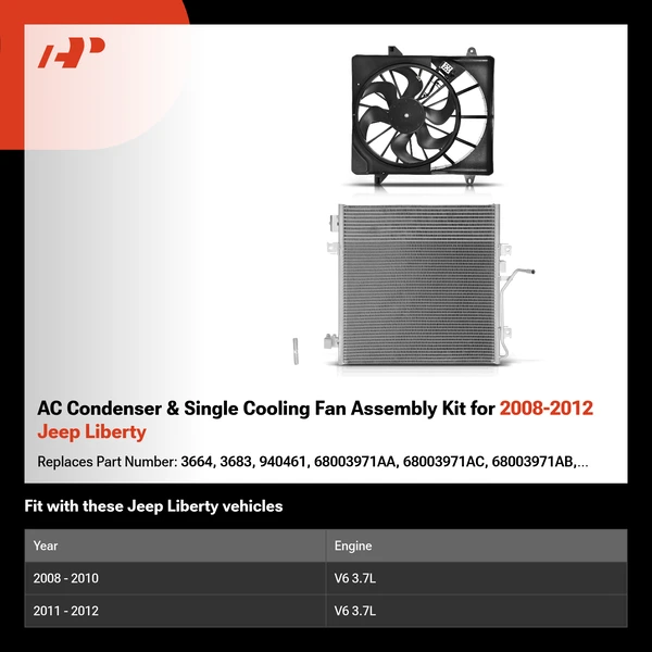 AC Condenser & Single Cooling Fan Assembly Kit for 2008-2012 Jeep Liberty