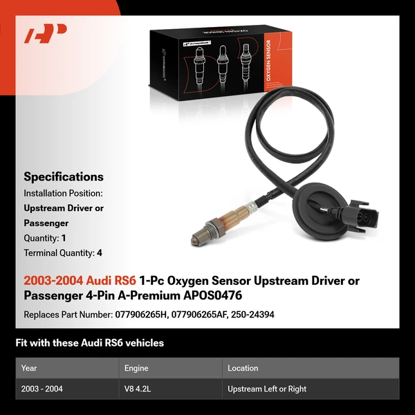 2003-2004 Audi RS6 1-Pc Oxygen Sensor Upstream Driver or Passenger 4-Pin A-Premium APOS0476