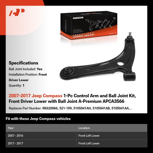 2007-2017 Jeep Compass 1-Pc Control Arm and Ball Joint Kit, Front Driver Lower with Ball Joint A-Premium APCA3566