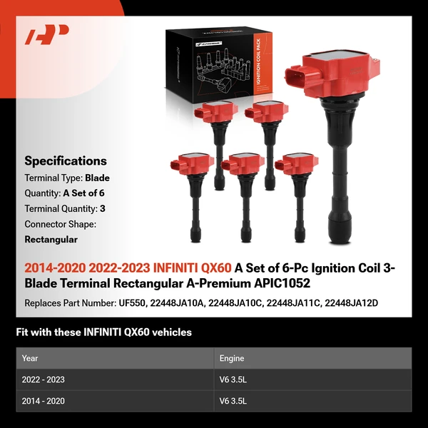 2014-2020 2022-2023 INFINITI QX60 A Set of 6-Pc Ignition Coil 3-Blade Terminal Rectangular A-Premium APIC1052