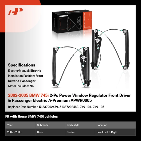 2002-2005 BMW 745i 2-Pc Power Window Regulator Front Driver & Passenger Electric A-Premium APWR0005