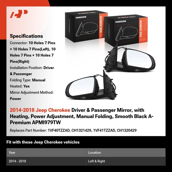 2014-2018 Jeep Cherokee Driver & Passenger Mirror, with Heating, Power Adjustment, Manual Folding, Smooth Black A-Premium APMI979TW