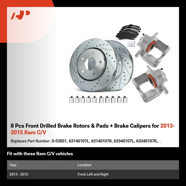 8 Pcs Front Drilled Brake Rotors & Pads + Brake Calipers for 2013-2015 Ram C/V