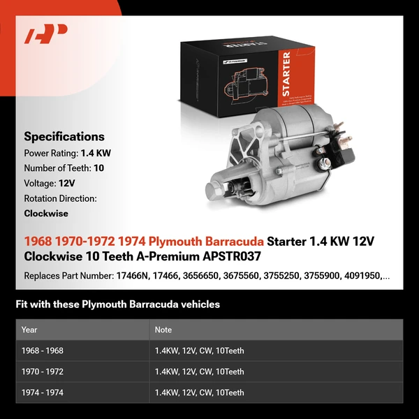1968 1970-1972 1974 Plymouth Barracuda Starter 1.4 KW 12V Clockwise 10 Teeth A-Premium APSTR037