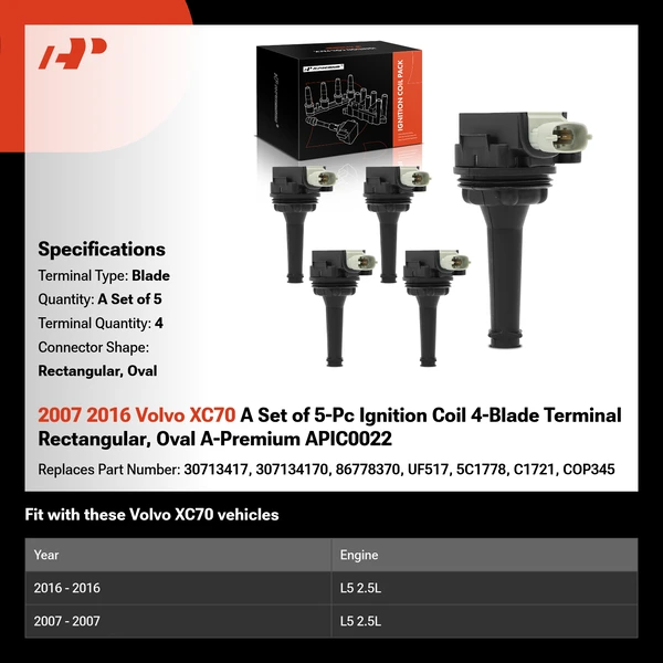 2007 2016 Volvo XC70 A Set of 5-Pc Ignition Coil 4-Blade Terminal Rectangular, Oval A-Premium APIC0022