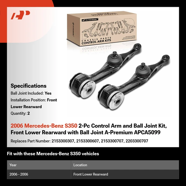 2006 Mercedes-Benz S350 2-Pc Control Arm and Ball Joint Kit, Front Lower Rearward with Ball Joint A-Premium APCA5099