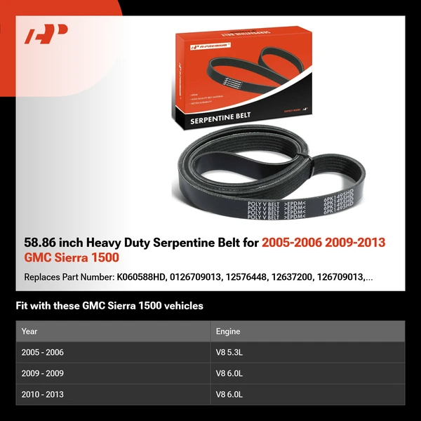 58.86 inch Heavy Duty Serpentine Belt for 2005-2006 2009-2013 GMC Sierra 1500