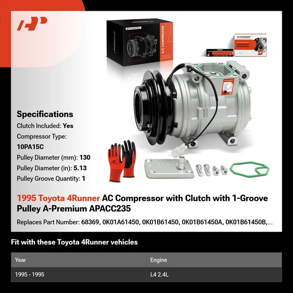 1995 Toyota 4Runner AC Compressor with Clutch with 1-Groove Pulley A-Premium APACC235