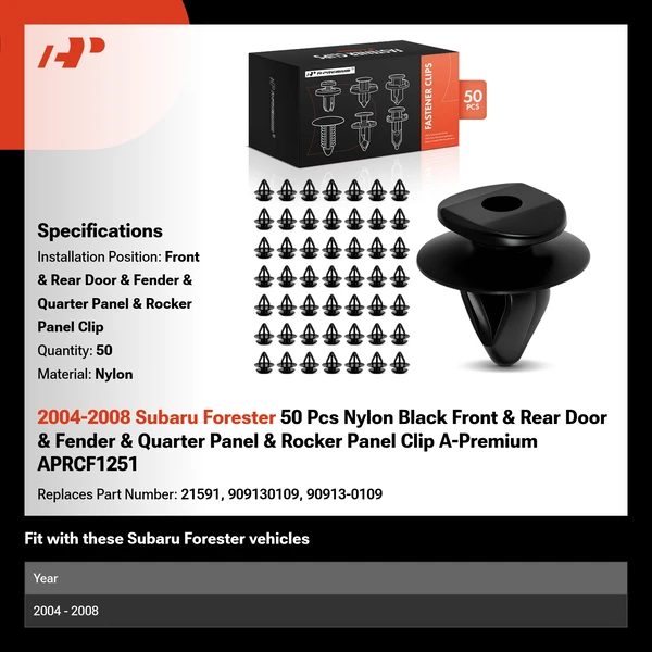2004-2008 Subaru Forester 50 Pcs Nylon Black Front & Rear Door & Fender & Quarter Panel & Rocker Panel Clip A-Premium APRCF1251