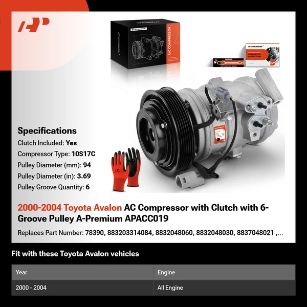 2000-2004 Toyota Avalon AC Compressor with Clutch with 6-Groove Pulley A-Premium APACC019