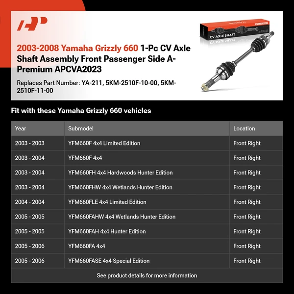 2003-2008 Yamaha Grizzly 660 1-Pc CV Axle Shaft Assembly Front Passenger Side A-Premium APCVA2023