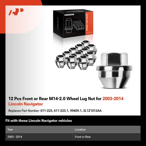 12 Pcs Front or Rear M14-2.0 Wheel Lug Nut for 2003-2014 Lincoln Navigator