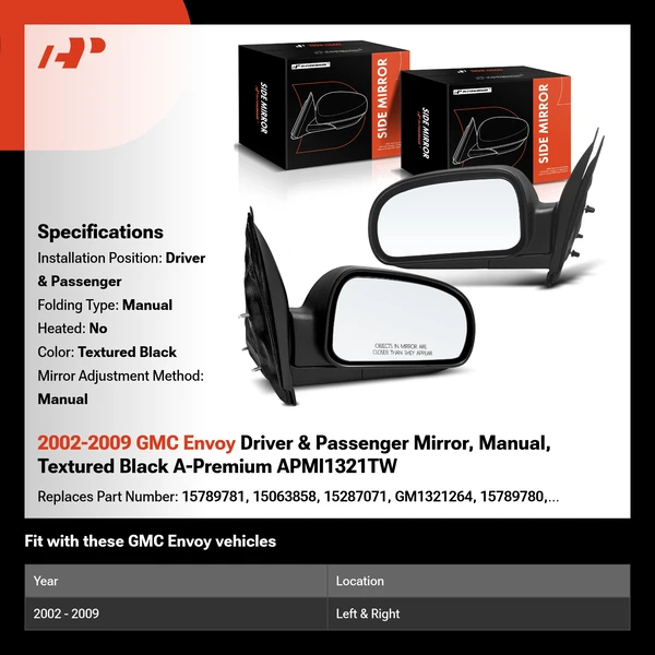 2002-2009 GMC Envoy Driver & Passenger Mirror, Manual, Textured Black A-Premium APMI1321TW